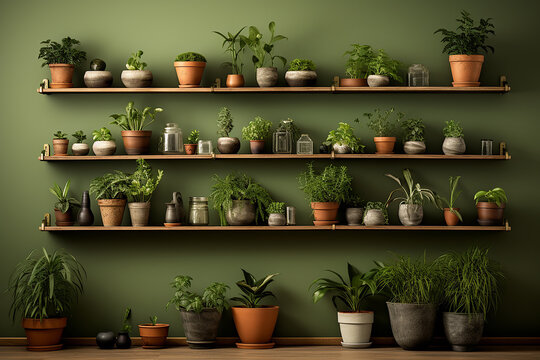 Generative AI Image of Various Houseplants in Pots on Wooden Shelves with Green Wall Background
