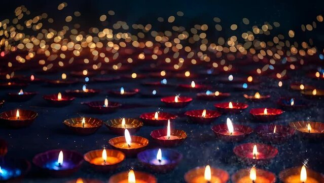 multicolor diyas at night, diwali celebration concept, seamless looping video animated background