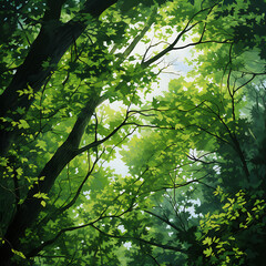 Fototapeta premium Heart of nature with forest canopy texture. The intricate play of light and shadow on lush, green leaves creates a sense of depth and tranquility, making it an ideal backdrop for nature-themed designs