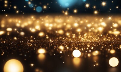 Obraz na płótnie Canvas Glitter defocused abstract Twinkly Lights with golden dust and shine. Bright futuristic luxury for Christmas and party backdrop. Generative AI