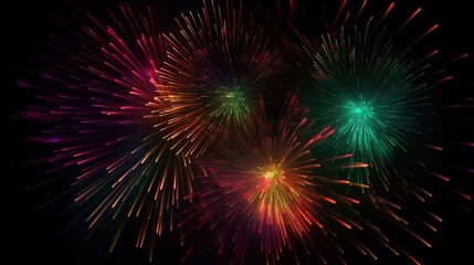Multicolor fireworks explosion in night sky. Black background.