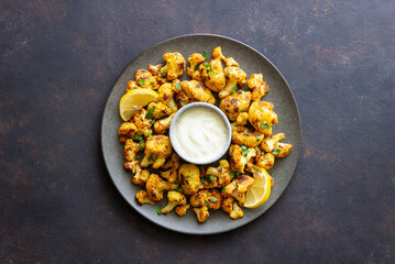 Fried cauliflower with lemon, herbs and white sauce. Healthy eating. Vegetarian food.