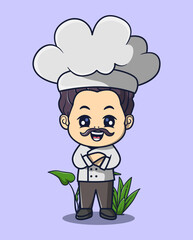 vector illustration of cute mustachioed chef wearing a hat. profession concept