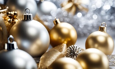 Silver and gold christmas decorations on a white background Generative AI