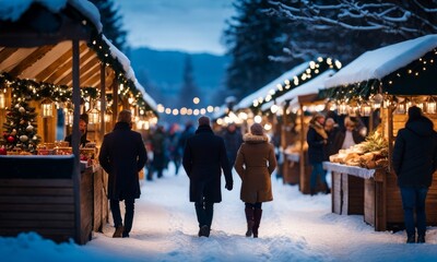 Obraz premium Enjoying Christmas Market, a couple walking near stalls, Generative AI