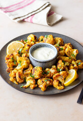 Fried cauliflower with lemon, herbs and white sauce. Healthy eating. Vegetarian food.