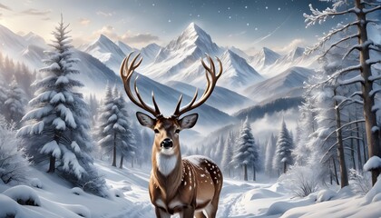 Christmas Deer Winter Poster Deer With Antlers. Magical Winter Feeling in The Snowy Forest. Generative AI.