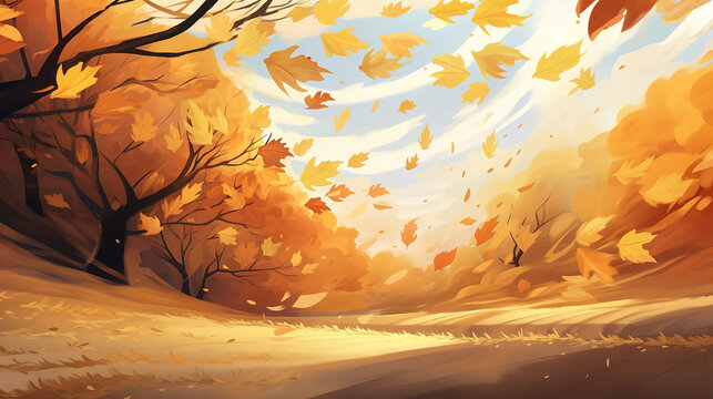 a big field in a forest, blowing wind with leaves, anime wallpaper, ai generated image