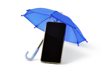 Smartphone under umbrella - Concept of phone insurance, warranty amd support service