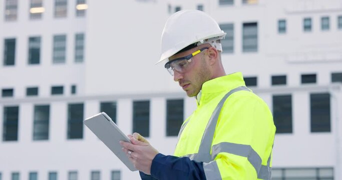 Construction, man and tablet in city for industrial maintenance ideas, civil engineering or building renovation. Architecture, digital planning and serious contractor thinking of property development