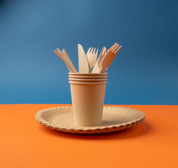 Paper Plate, Fork, Knife, Eco Tableware, Disposable Cutlery, Biodegradable, Eco Bio Table Setting for Picnic