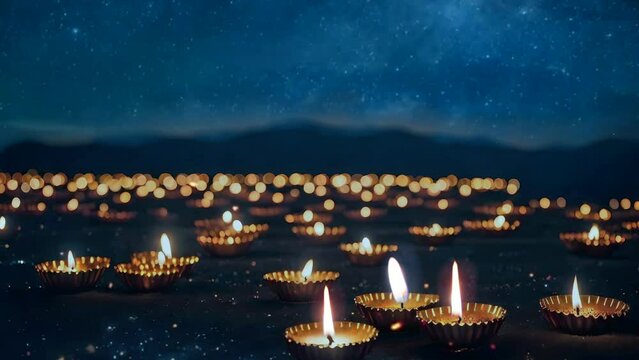 Beautiful multicolor diyas at night, diwali celebration concept, seamless looping video animated background