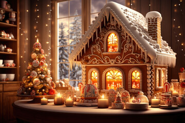 Luxurious Christmas gingerbread house on christmas kitchen background. Christmas baking, sweets. Hand decorated.Cozy home atmosphere, family time. Christmas greeting card cover