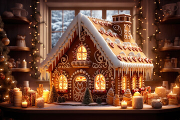 Luxurious Christmas gingerbread house on christmas kitchen background. Christmas baking, sweets....