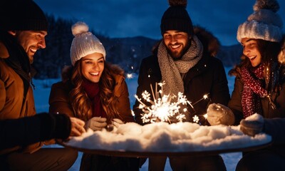 winter holidays and people concept - happy friends with sparklers celebrating christmas at home feast over snow, Generative AI - obrazy, fototapety, plakaty
