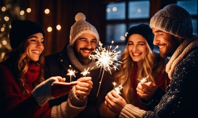 winter holidays and people concept - happy friends with sparklers celebrating christmas at home feast over snow, Generative AI