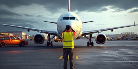 man airport worker do parking plane