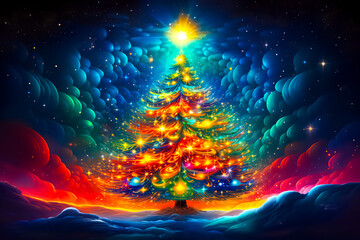 Art colorful shining Christmas tree in space. Night cosmic fantasy background with thick clouds and stars. Copy space. - obrazy, fototapety, plakaty