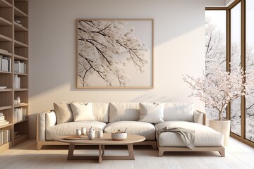 A beautiful canvas frame 3D mockup in modern living room, - obrazy, fototapety, plakaty