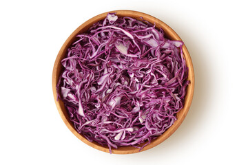 Raw sliced red cabbage in wooden bowl on white background