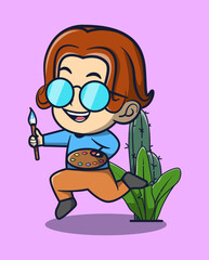 Vector illustration of running while carrying painting tools. Artist Icon Concept