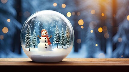 snowman in glass ball with trees in the background