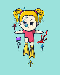 Vector Illustration of a yellow-haired girl diving with fish and jellyfish. Sports Icon Concept