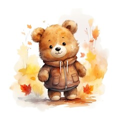 Image of an adorable watercolor-painted teddy bear with tree leaves and autumn colors. Generative AI