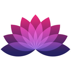 Lotus flower symbol, flat style magenta, purple, pink color vector icon object. Floral label with nine petals, wellness, health and yoga industry or meditation logo, isolated transparent background.
