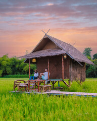 a couple of men and woman at a small homestay on the farm with a green rice paddy field in Central...