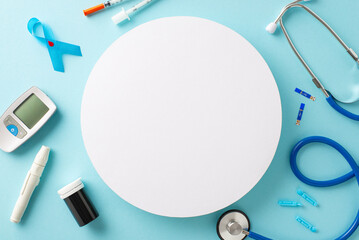Diabetes Awareness Month support. Top-view shot of diabetes emblem - blue ribbon, glucometer kit,...