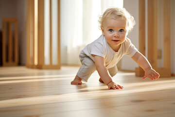The baby is learning to crawl on the floor - obrazy, fototapety, plakaty