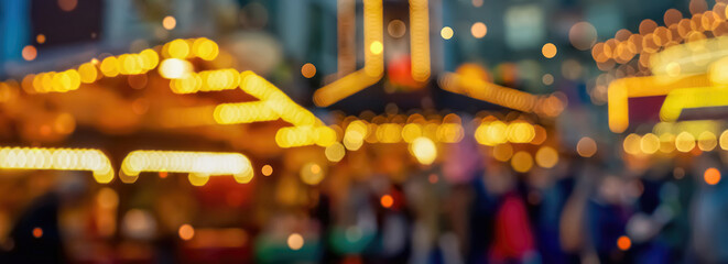 blurred christmas market with defocused lights at the evening, shiny decoration background banner with copy space for traditional retail trade for december holidays - obrazy, fototapety, plakaty