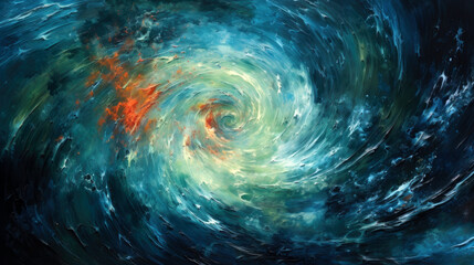 Oceanic Swirl: Dark Blue Oil Painting with Abstract Tornado Forms - obrazy, fototapety, plakaty