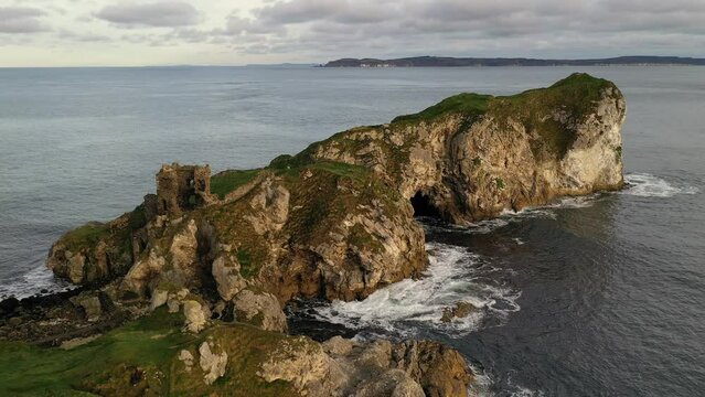 Aerial of Kinbane Castle and headland on the Causeway Coast, County Antrim, Ulster, Northern Ireland