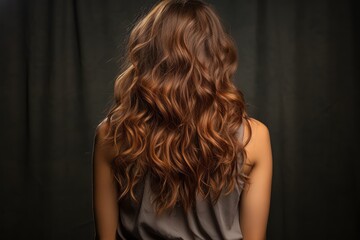 Young woman with long wavy hair on black background. Back view, A woman with Balayage highlights hair