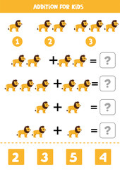 Addition for kids with cute cartoon lion.