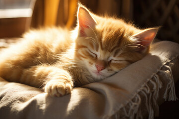 Sleeping Kitten taking a Cozy Afternoon Nap on a Cushion
