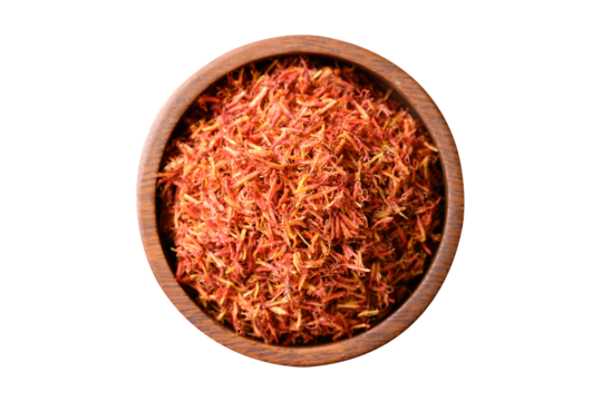 Dried safflower in wooden bowl, Top view