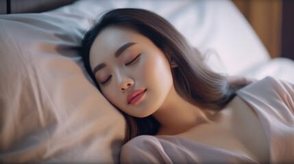 Young asian woman sleeping well in bed. generative ai