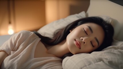 Young asian woman sleeping well in bed. - obrazy, fototapety, plakaty
