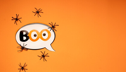 Halloween decor set, spider, bat glasses, black cat. Happy Halloween greeting card