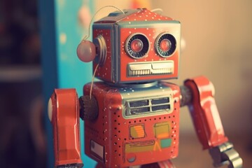 Vintage robot toy face. Retro amusement. Generate Ai - obrazy, fototapety, plakaty
