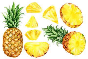 watercolor hand drawn illustration, set of pineapple with half and slices ripe pineapple, triangular pieces of pineapple, sketch of tropical fruit, food illustration isolated on watercolor background - obrazy, fototapety, plakaty