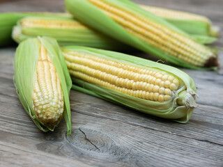 Corn cobs on rustic wooden unpainted table top