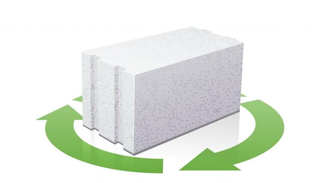 Animation loop of a cellular concrete block in the middle of a white background around which the circular symbol of the three green recycling arrows rotates