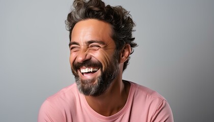 Fototapeta premium Man with a beard smiling on a white background. White man in pink shirt laughing. Caucasian man smiling isolated on white background