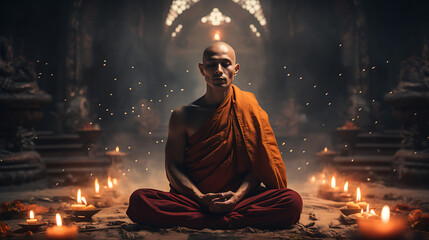 Monk Meditating in Temple