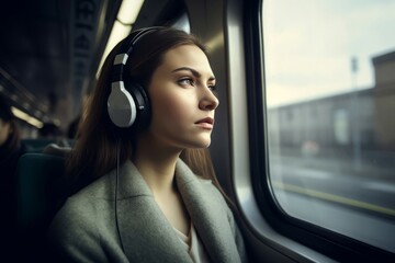 Headphones woman train. Internet music listen. Generate Ai