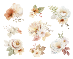 Autumn set of hand painted watercolor bouquets. Trendy blush pink, peach, golden, cream, beige, brown flowers. Composition for greeting cards, wedding invitations and decorations.